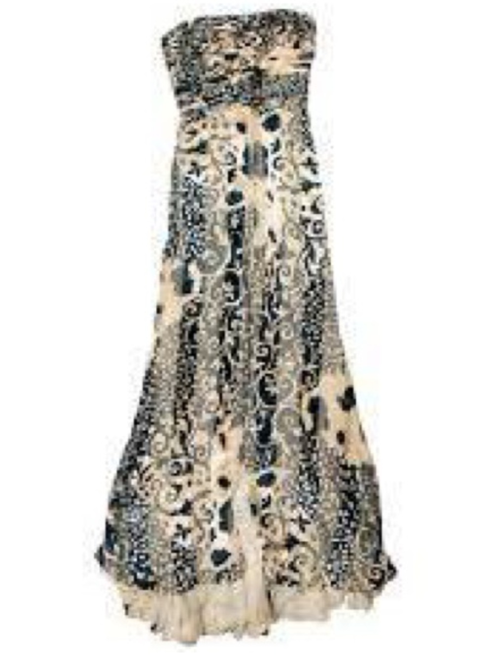 Naeem Khan Strapless Midi Dress in Navy and Cream Paisley